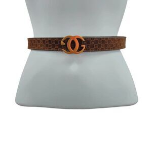 Rare Vintage Gucci Skinny Brown G Monogram Suede Belt with 24KT Gold-Plated Buck
